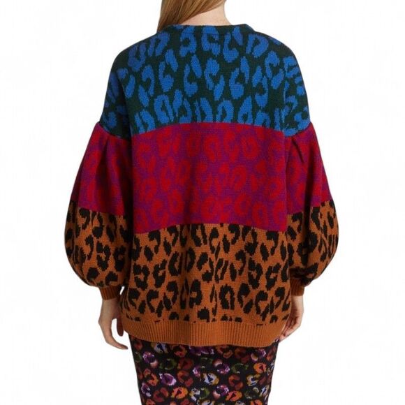 Farm Rio Striped Leopard Cardigan Sweater Open Front Womens XS Oversized - Picture 3 of 14